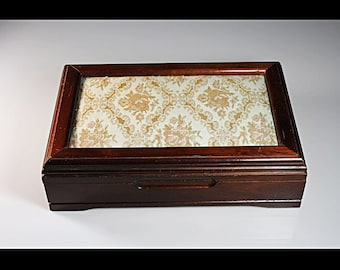 Wood and Tapestry Jewelry Box, Cream Colored Lined Compartments, Large Mirror, Hardwood, Cherry Finish