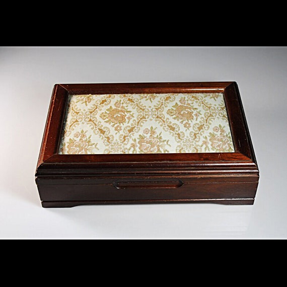 Wood and Tapestry Jewelry Box, Cream Colored Lined Compartments, Large Mirror, Hardwood, Cherry Finish