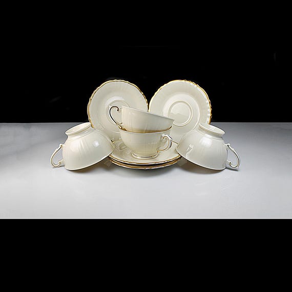 Syracuse China Old Ivory Brantley Cups and Saucers – Set of 4, Gold Trim, Made in USA