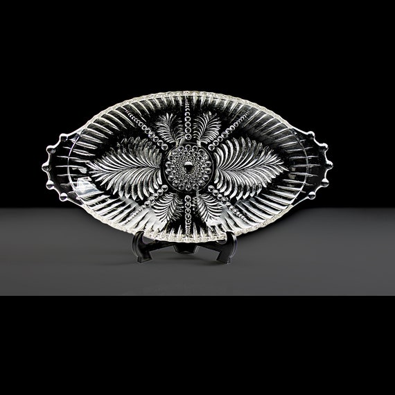 Anchor Hocking Pickle Dish, Relish Bowl, Pressed Glass, Oval Serving Bowl, Feathers and Pearls