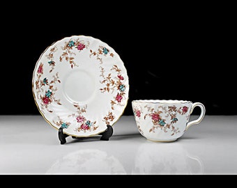Minton Cup and Saucer, Ancestral Pattern, Rust and Teal Floral, Discontinued, Teacup