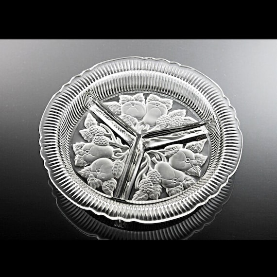 Three Section Divided Bowl, Imperial Glass, Intaglio Fruit, Frosted Fruit Bottom, Clear Pressed Glass