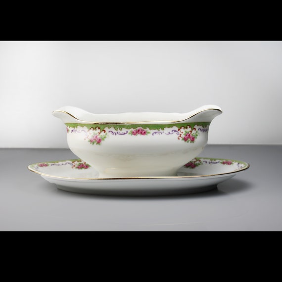 Antique Gravy Boat, Union T China Company, Czechoslovakia, Green Floral Band