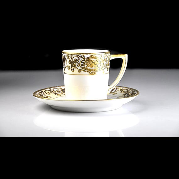 Vintage Noritake Demitasse Cup and Saucer, Hand Painted, Gold Christmas Ball Pattern