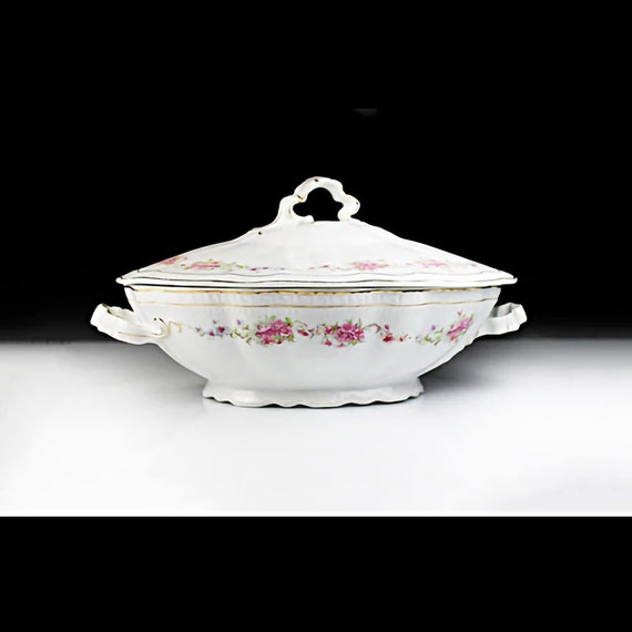 Antique Covered Vegetable Bowl, Z S & Co. Bavaria, Orleans Shape, Fine China, Pink and White, Floral Pattern