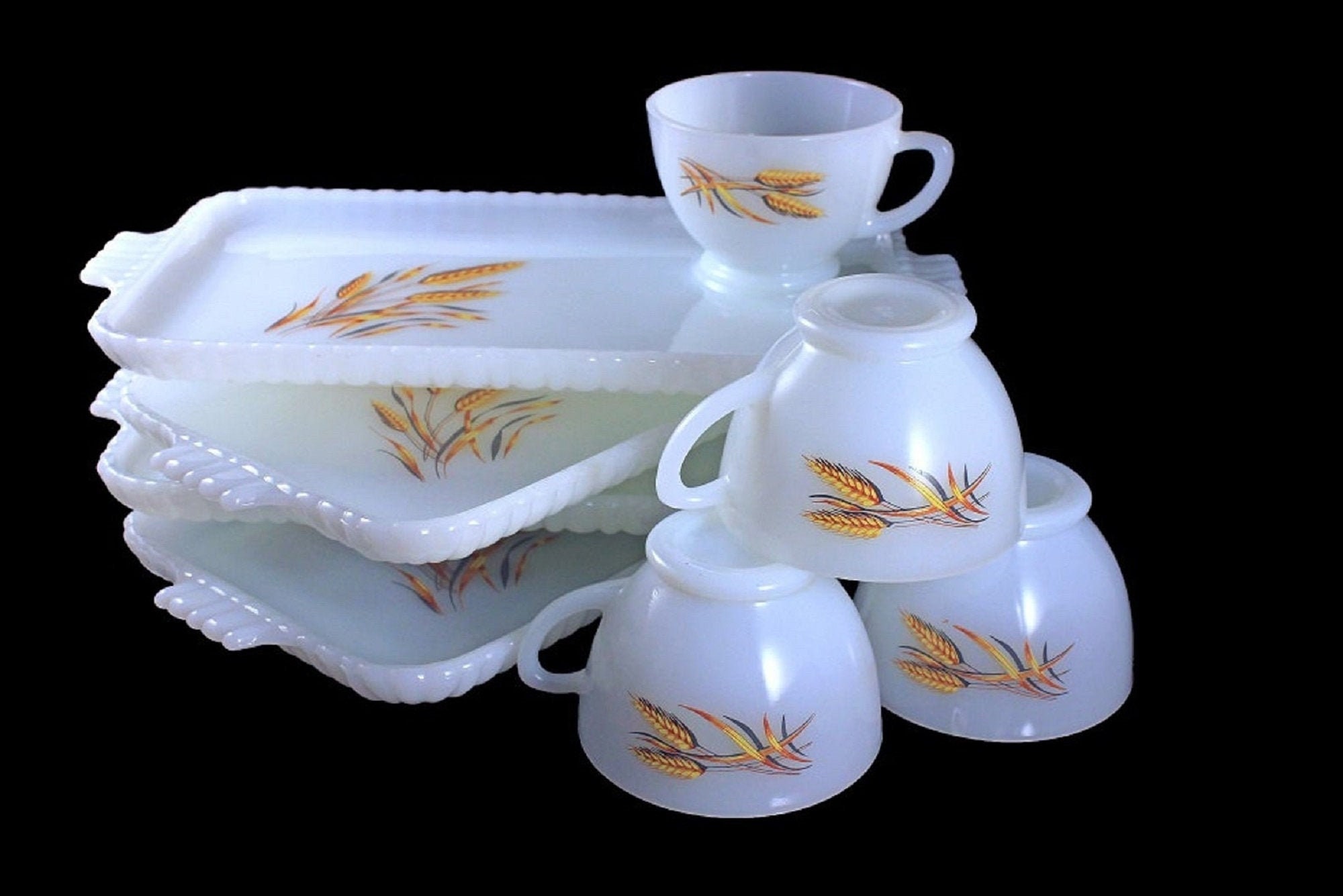 Anchor Hocking Fire King Milk Glass Luncheon Plate and Cup Snack Set.