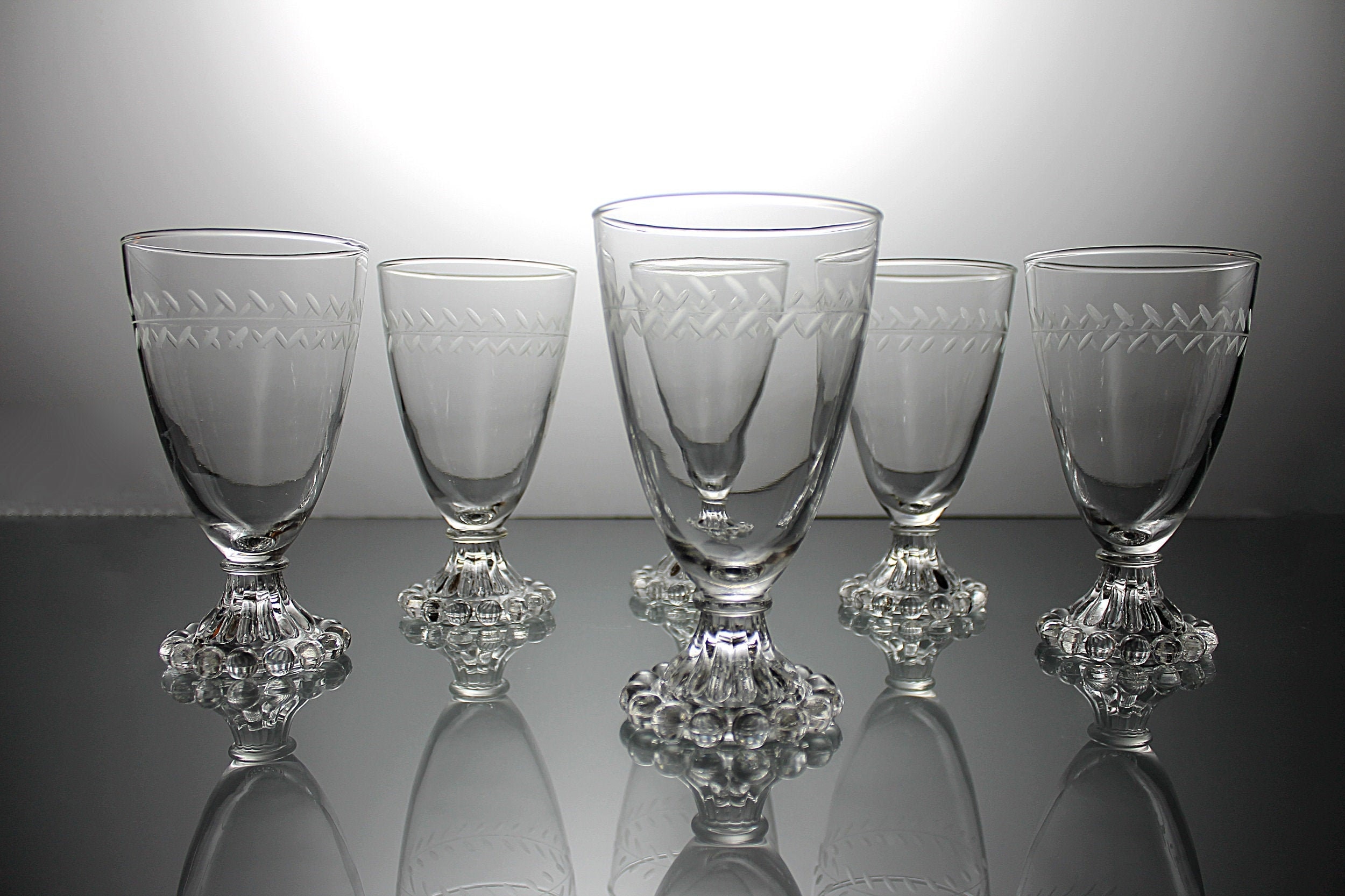 Anchor Hocking Wine Glasses Laurel Gray Cut Boopie Foot Set of 6 Etched Glass Barware
