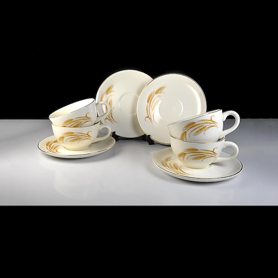 Vintage Homer Laughlin Golden Wheat Cups and Saucers, Set of 4, Wheat Pattern