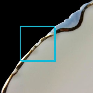 May include: Close-up of the edge of a white ceramic plate with a gold and blue trim. The edge of the plate is scalloped and has a decorative design.