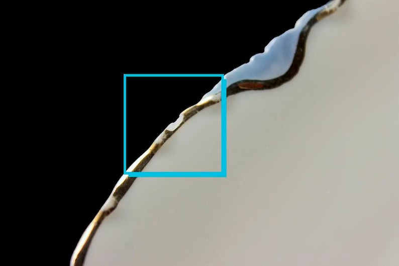 May include: Close-up of the edge of a white ceramic plate with a gold and blue trim. The edge of the plate is scalloped and has a decorative design.