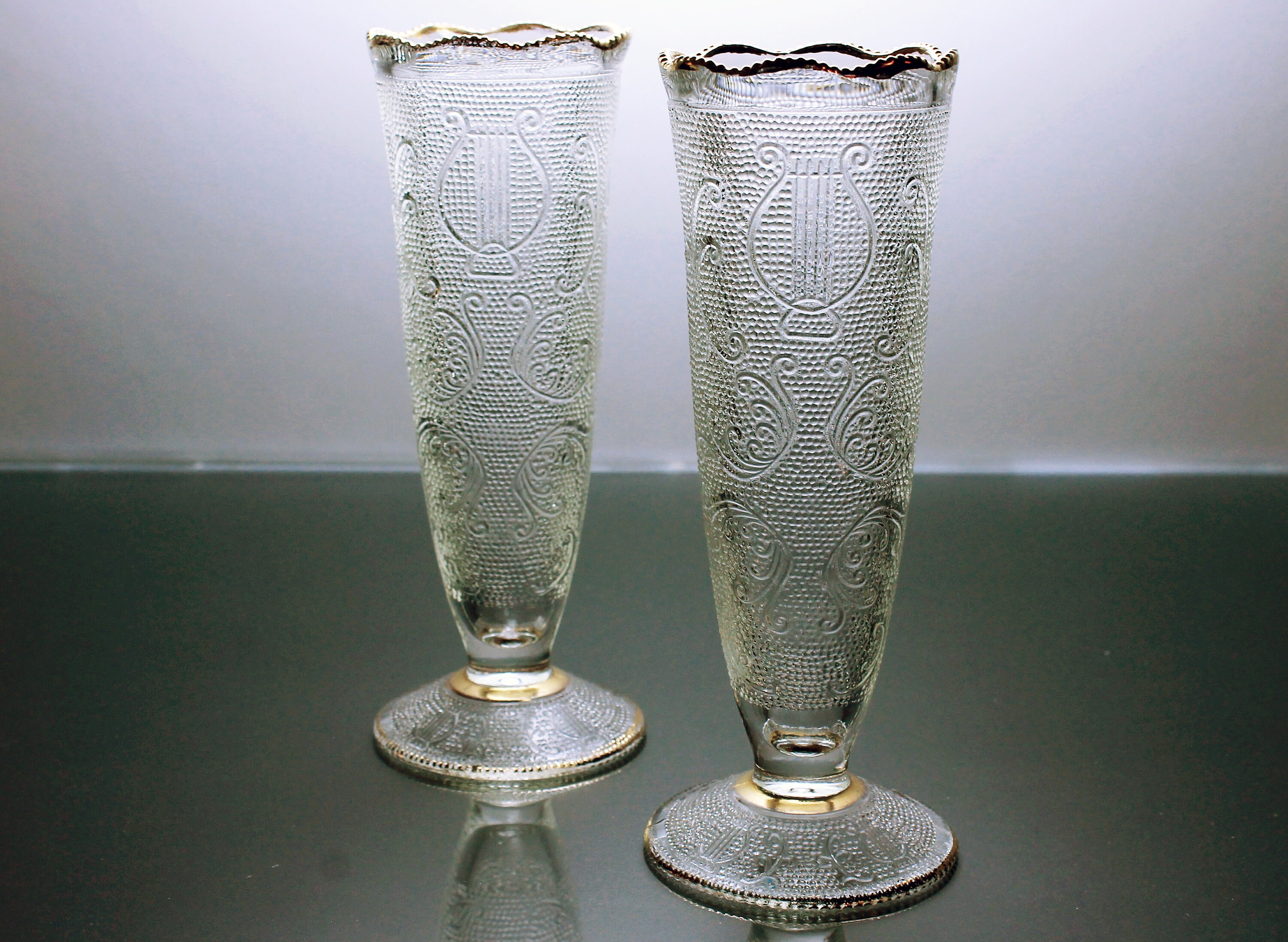 Vases, Glass, Harp Pattern, Gold Trim, Set of 2, Flower Vases