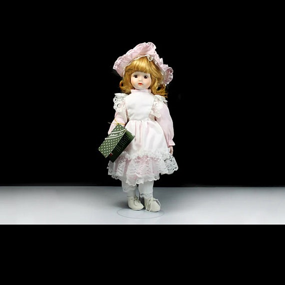 Porcelain Display Doll, Montgomery Ward, 16-inch Doll, Stand Included, Original Tag