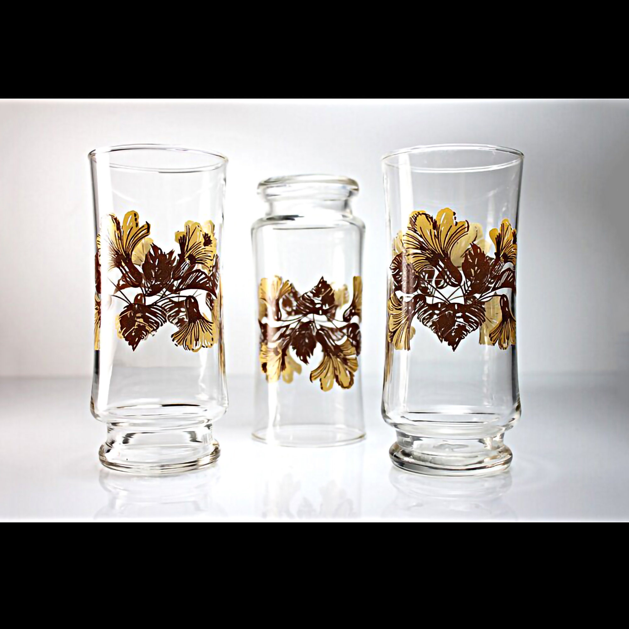 Floral Tumblers, Brown and Beige, Water Glasses, Set of 3, 12 Ounce