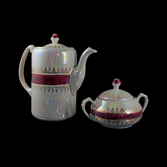 Lusterware Teapot and Sugar Bowl, Made in Germany, Iridescent, Red Band and Gold Trim, Coffee Pot, Hold 2 Cups