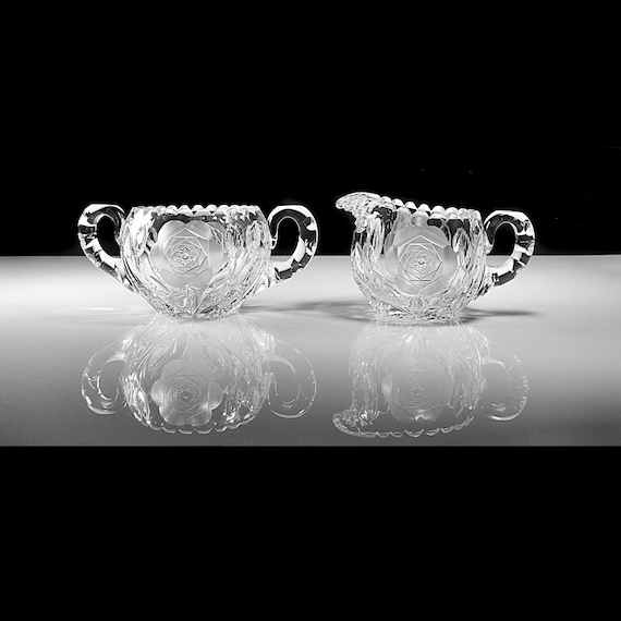 Antique American Brilliant Period Thornhill Glass Sugar and Creamer Set - Wheel Cut Floral Design, Crystal Cut Glass