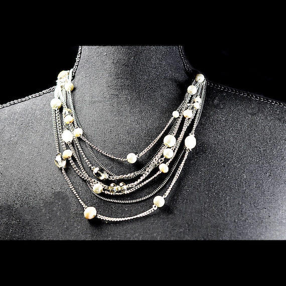 Multi-Strand Bead Necklace, Silver Tone Metal, 7 Strand, Hook Clasp, Costume Jewelry, Woman's Gift, Attached Extender