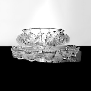 Bowle mit 24 Bechern, Indiana Glas, Kieselblatt Klar, 6 Quart, Kunststoffkelle, groß, Pressglas, eingestellt, Hochzeit, Party