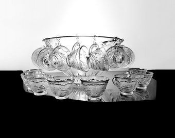 Punch Bowl with 24 Cups, Indiana Glass, Pebble Leaf Clear, 6 Quart,  Plastic Ladle, Large, Pressed Glass, Discontinued, Wedding, Party