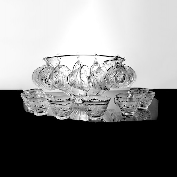 Punch Bowl with 24 Cups, Indiana Glass, Pebble Leaf Clear, 6 Quart,  Plastic Ladle, Large, Pressed Glass, Discontinued, Wedding, Party