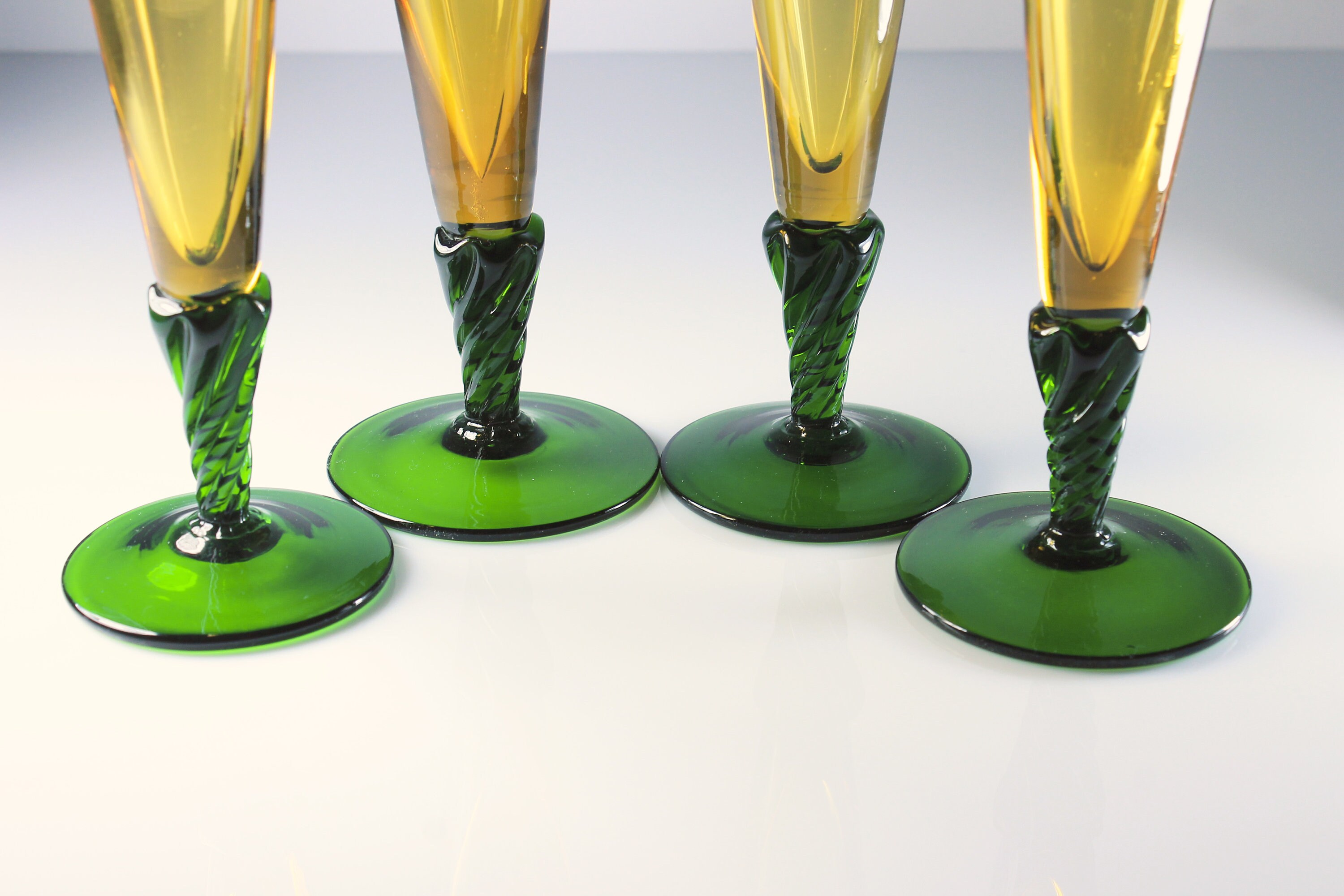 Pilsner Glasses, Hand Blown, Amber and Green, Twisted Stem, Set of 4