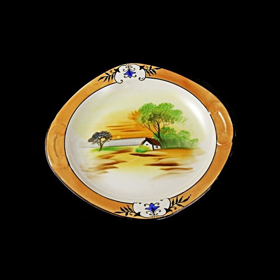 Noritake Salad Plate, Lusterware, Square Plate, Hand Painted,  House and Tree Design