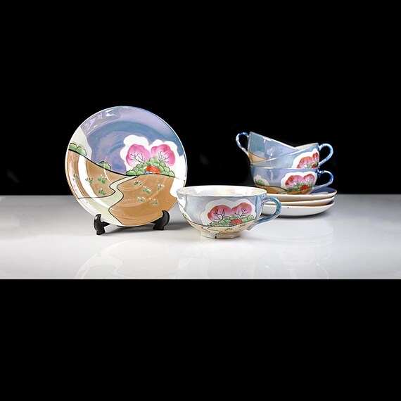 Vintage Japanese Lusterware Teacups & Saucers Set of 4, Hand Painted Eggshell Porcelain