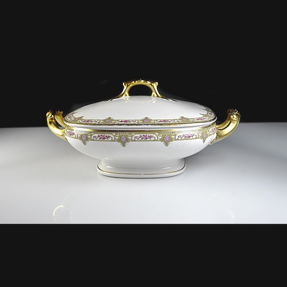 Antique Vignaud Limoges France Covered Square Vegetable Bowl, Pink Floral, Gold Gilt Handles, c1905-1925