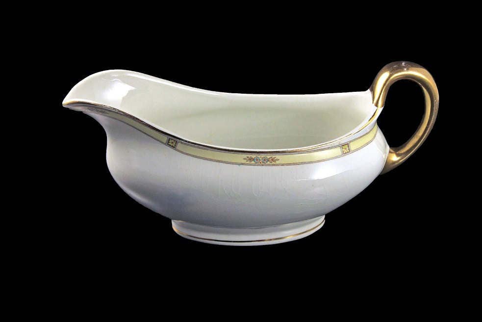 Antique, Gravy Boat, Ridgways England, Blue Flowers, Yellow Band, White