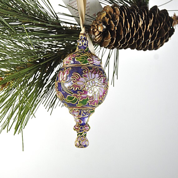 Vintage Cloisonne Christmas Ornament, NYCO, Floral Enamel Faberge Style Drop