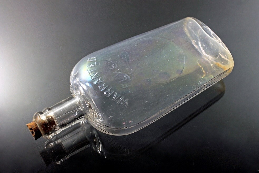 Antique Bottle, Warranted Flask, Whiskey Flask, Clear Glass, Cork