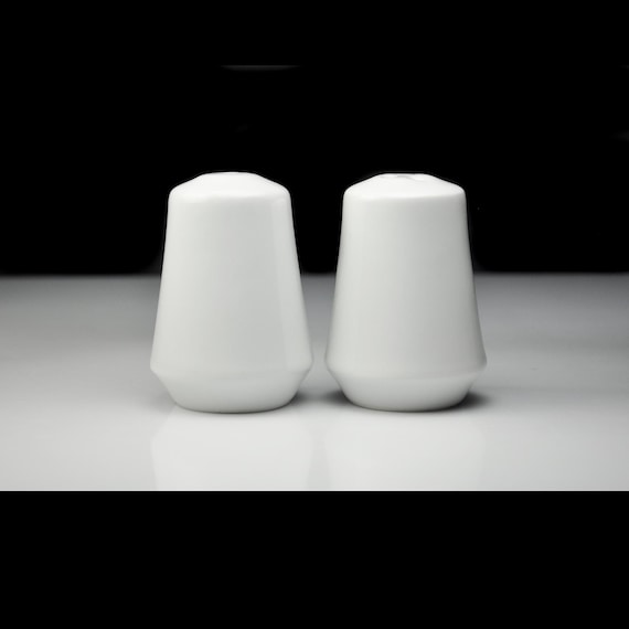 White Ceramic Salt and Pepper Shaker Set - Mid-Century Modern Minimalist Tableware -3 Inches Tall - Excellent Condition with Stoppers