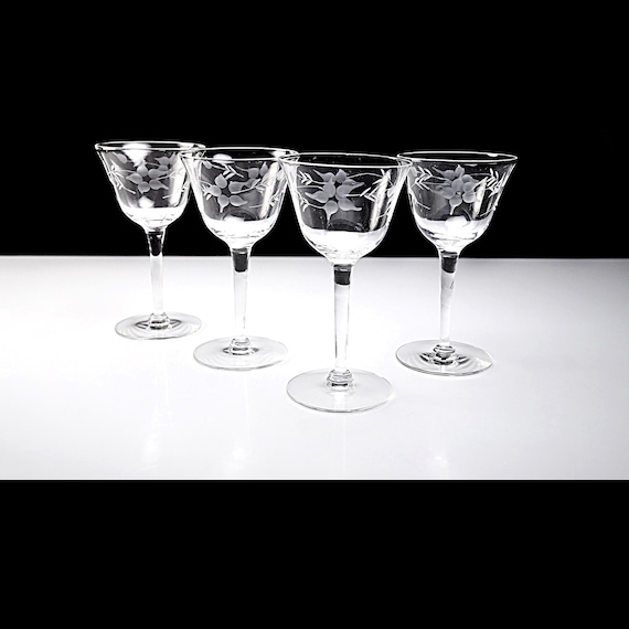 Vintage Wheel Cut Cordial Glasses, Set of 4, Etched Floral Stemware, Barware