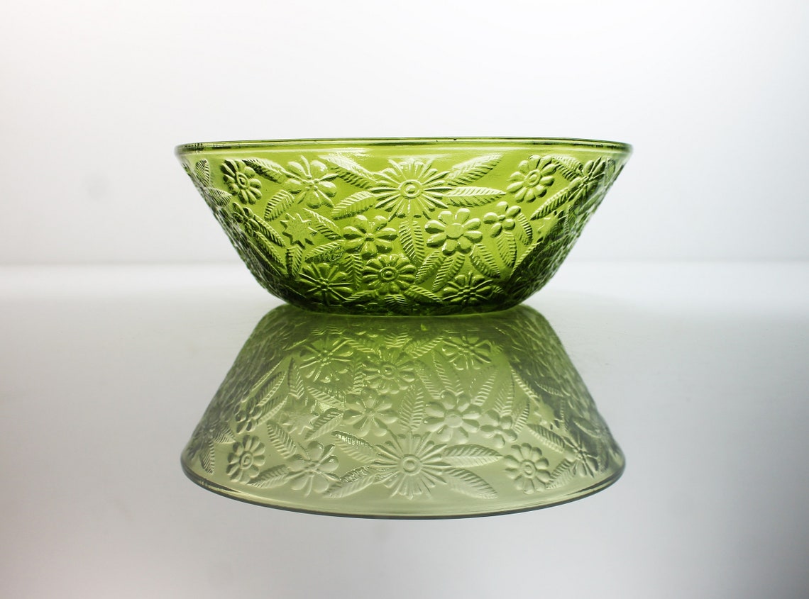 Indiana Glass Salad Bowl Pineapple & Floral Green Depression Etsy