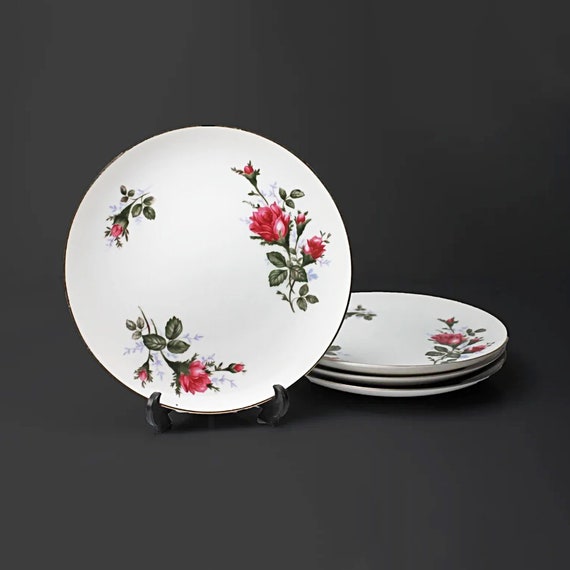 Bread and Butter Plates, Sango Japan, Moss Rose, Red Floral, Set of 4, Dinnerware, Fine China, Roll plates, Bun Plates