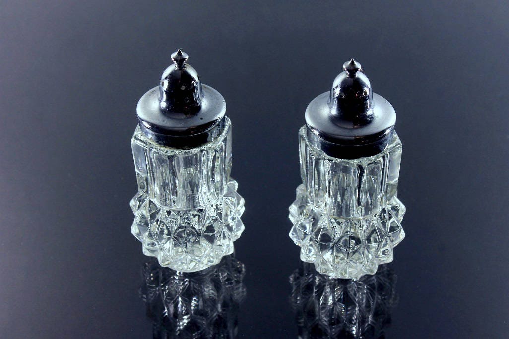 Salt and Pepper Shakers, Indiana Glass, Diamond Point, Silver Tops