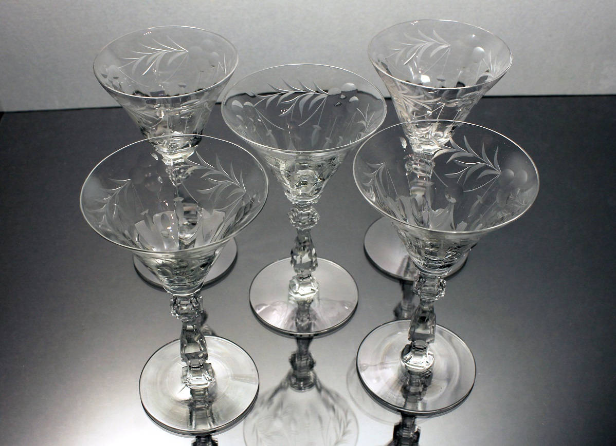 Etched Cordial Glasses, Sherry Glasses, Cocktail Glasses, Leaf and