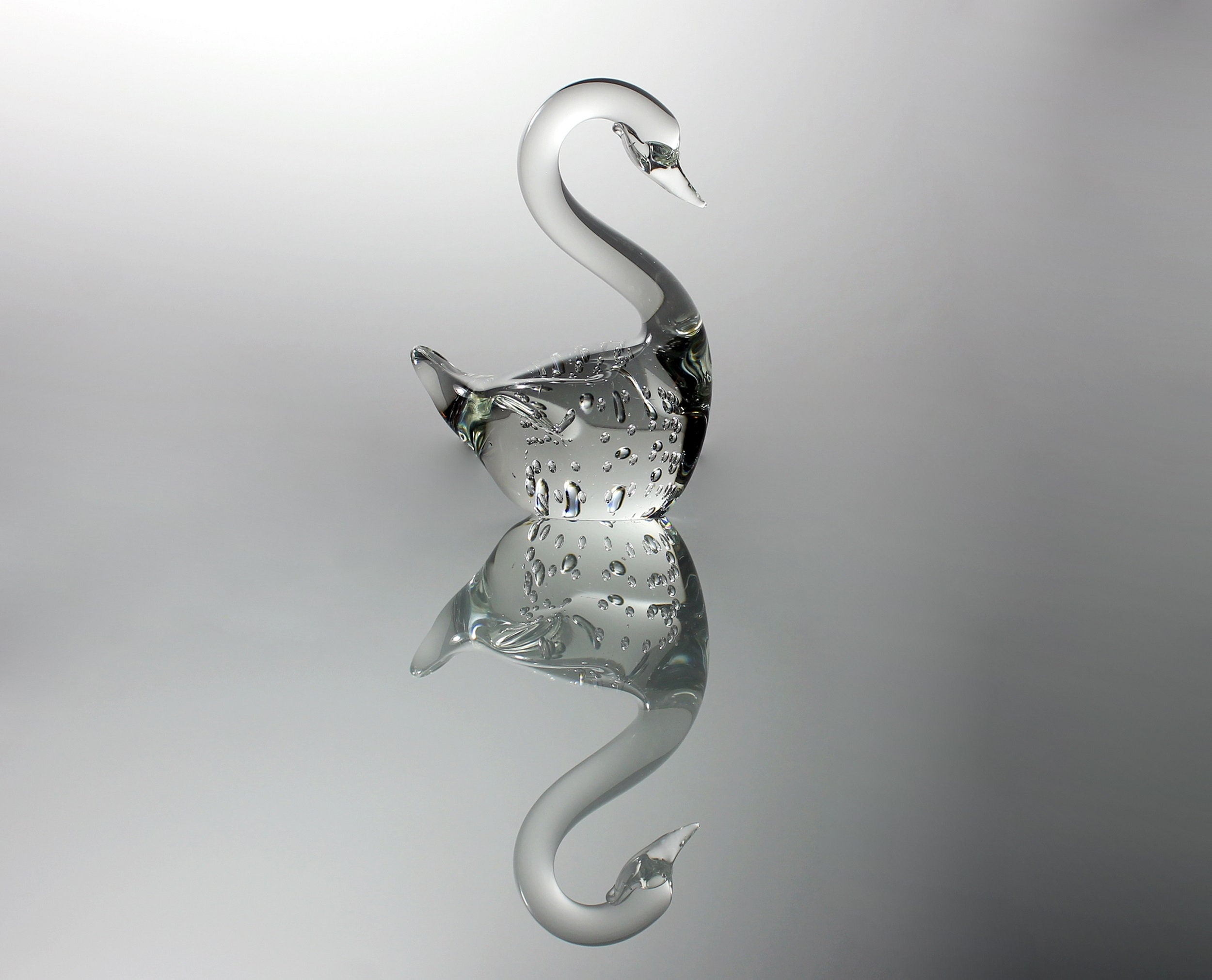 Swan Art Glass Paperweight, Clear Glass, Hand Blown Bubble Glass