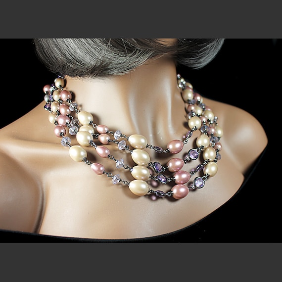 Faux Pearl and Crystal Necklace, Four Strand, Costume Jewelry, Collectible, Woman's Gift, Statement Necklace