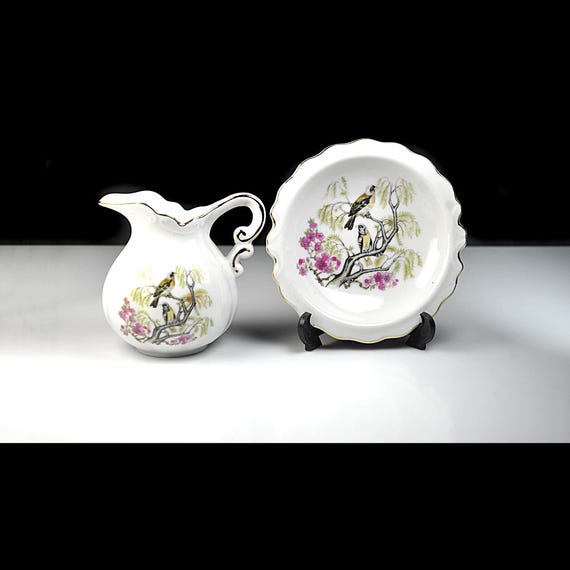 Vintage Mini Pitcher and Bowl Set with Blue Birds, Gold Trim, Home Decor