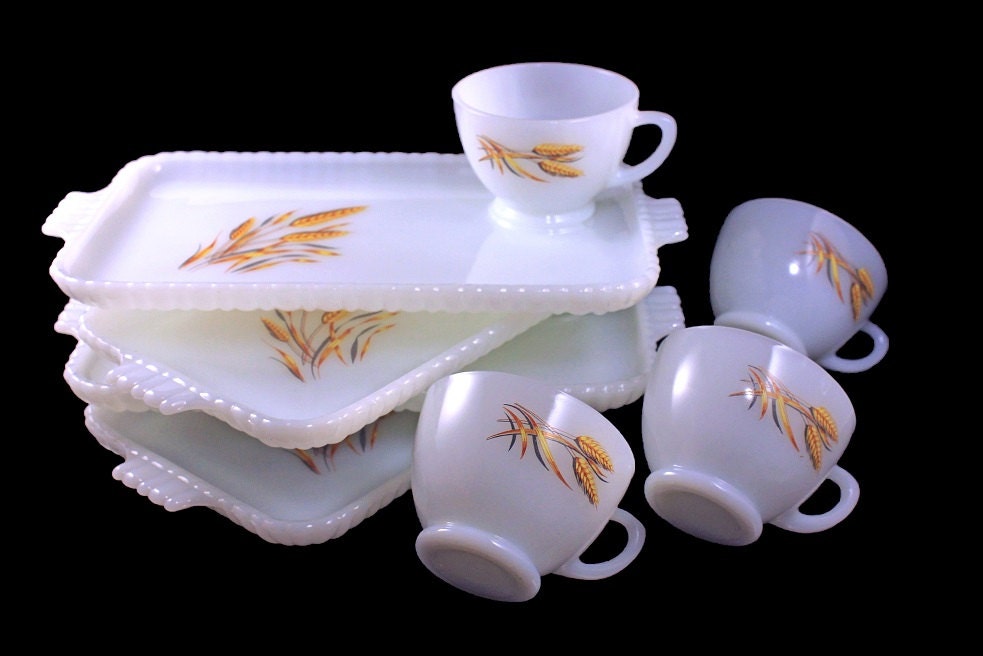 Anchor Hocking Snack Set, Wheat Pattern, Set of 4, Cups and Plates, 8