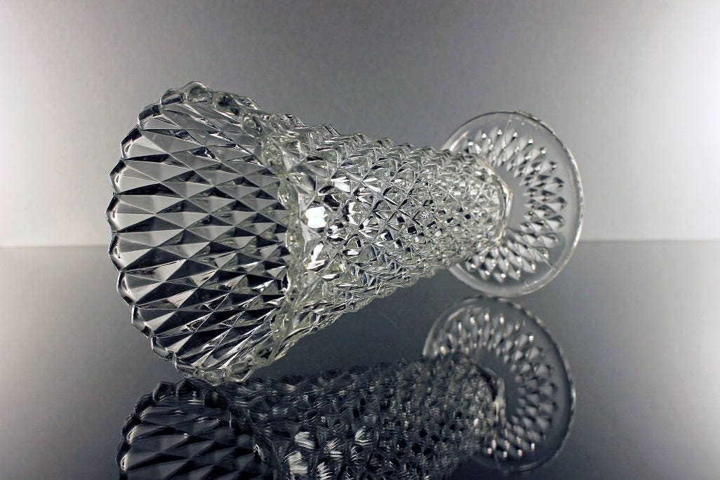 Flower Vase, Indiana Glass, Diamond Point, Heavy Pressed Glass, Clear ...