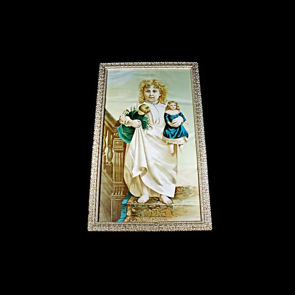 Antique Lithograph Framed Print, Gold Frame, Original Framed Fine Art, Home Decor, Girl On Stairs, Good Morning