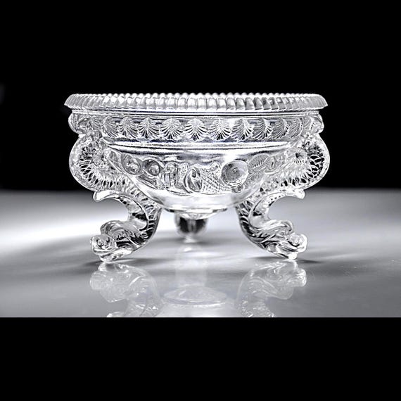 Antique Portieux French Glass Footed Bowl, Victorian 1870s, Dragon Feet, Manganese Glass