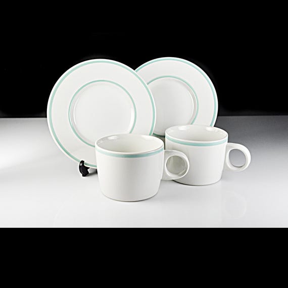 Stoneware Cups and Saucers – White with Aqua Band, Made in Thailand