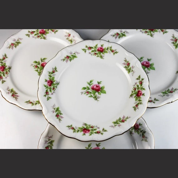 Bread and Butter Plates, Johann Haviland, Moss Rose, Bavarian Backstamp, Floral Pattern, Set of Four, Fine China, Roll Plates