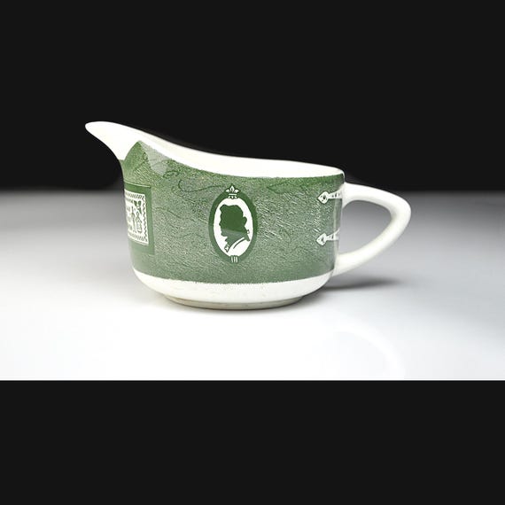 Royal USA Colonial Homestead Creamer, Green Transferware, Vintage Pitcher, 6 Inch, Farmhouse Country Kitchen