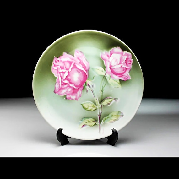 Decorative Plate, Weimar, Germany, Porcelain, Display Plate, Pink Roses, 6 Inch