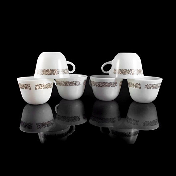 Corning Coffee Cups, Woodland, Teacups, Set of 6, Milk Glass, Brown Floral