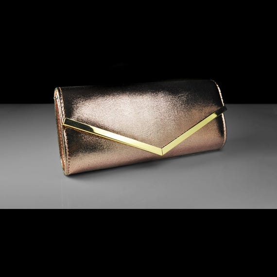 Rose Metallic Clutch Purse with Gold V Accent – New with Tags – Saratoga Elegance Boutique