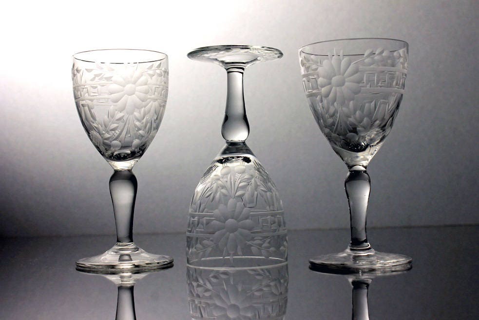 Crystal Etched Cordial Glasses, Flower and Leaf Pattern, Set of 3